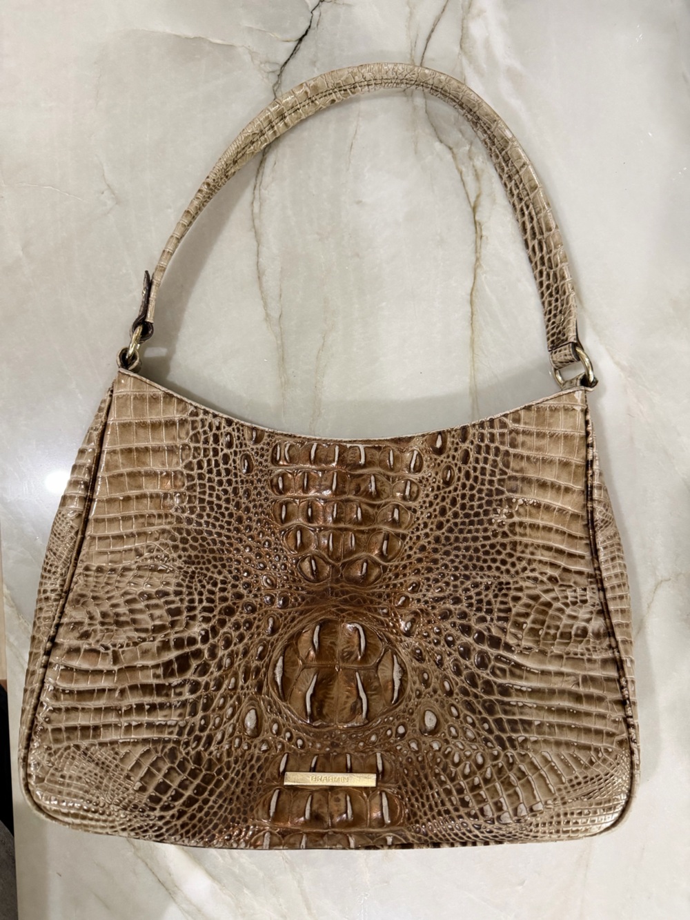Brahman Classic Croc-Embossed Shoulder Bag in Taupe